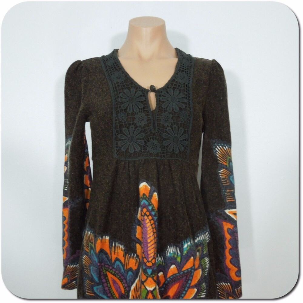 ARUEH Folk Sweater Dress S SMALL Womens Crochet Floral Neck
